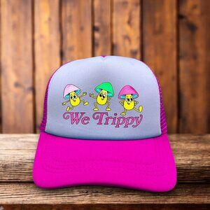 Trippy Mushrooms Mens Trucker Hat Pink Snapback Groovy Retro Baseball Cap